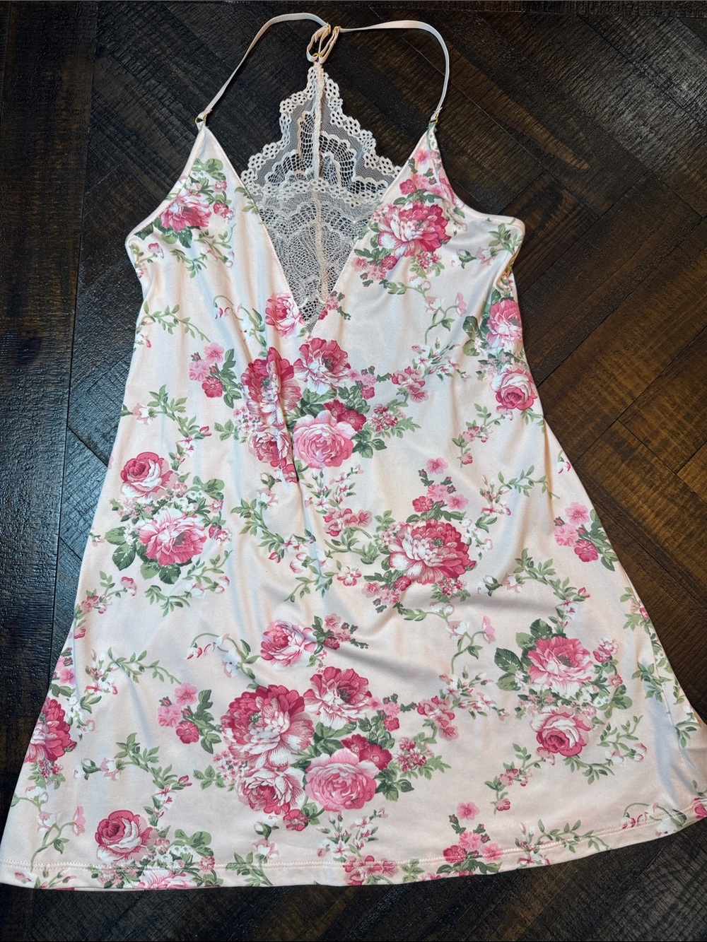 Flora Nikrooz Pink Floral Lace Trim Slip Chemise Nightgown‎ Dress NWT M - Picture 7 of 9